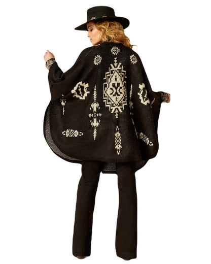 Black Summer Sand Coloured Ariat Womens Delta Poncho On A White Background 