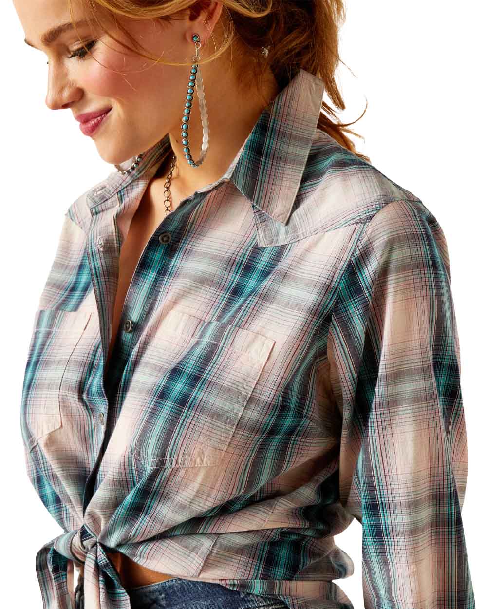 Tomboy Plaid Ariat Womens Real Billie Jean Shirt on White background 