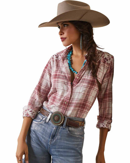 Willa Plaid Floral Ariat Womens Real Billie Jean Shirt on White background 