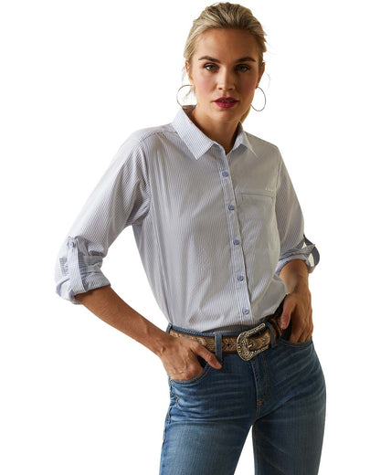 Classic Blue Stripe Ariat Womens VentTEK Stretch Long Sleeve Shirt on White background 