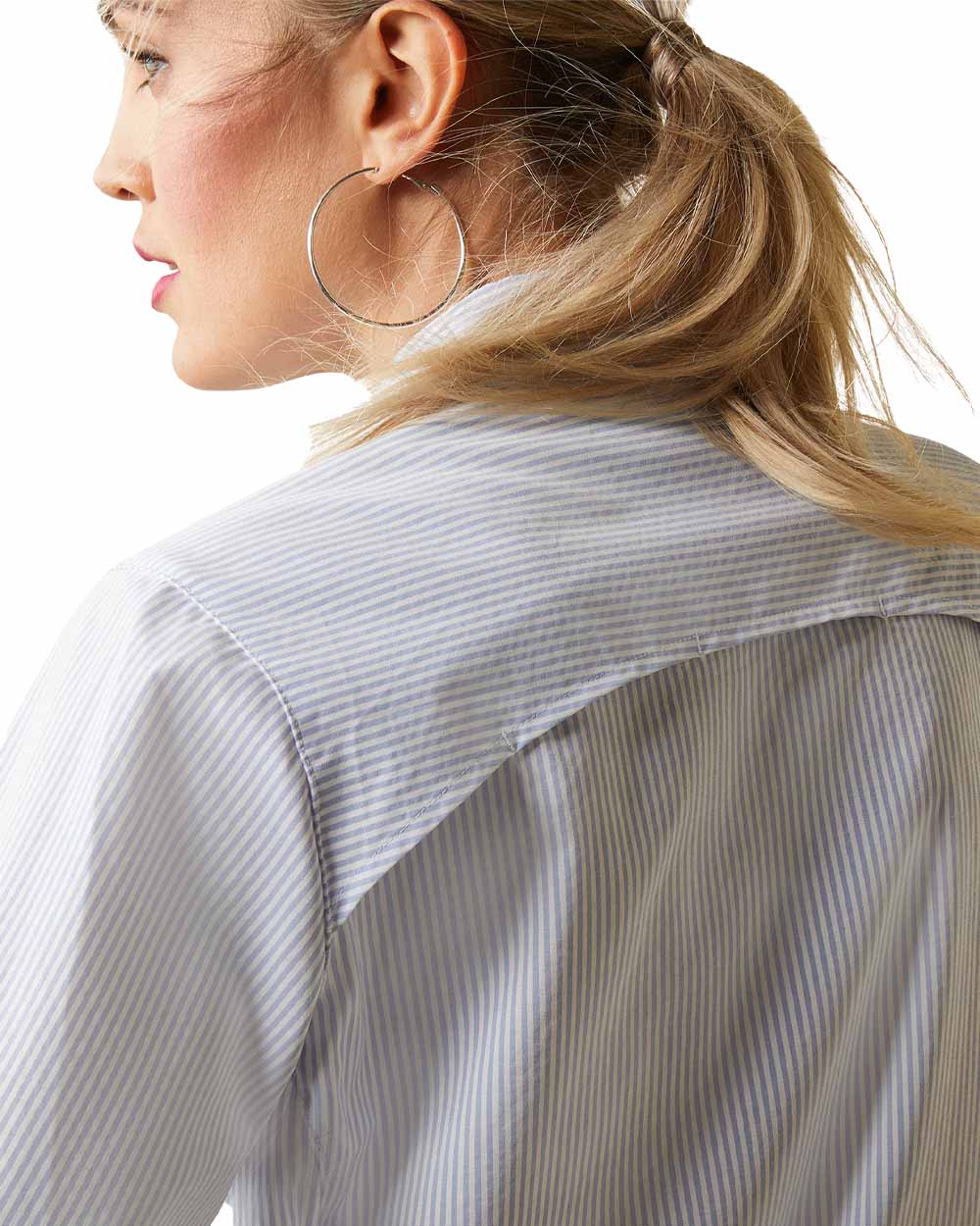 Classic Blue Stripe Ariat Womens VentTEK Stretch Long Sleeve Shirt on White background 