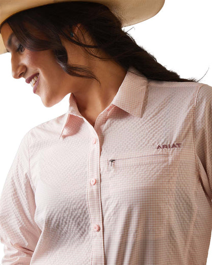 Coral Blush/White Check Ariat Womens VentTEK Stretch Long Sleeve Shirt on White background 