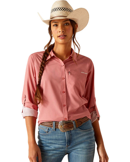 Faded Rose Pinstripe Ariat Womens VentTEK Stretch Long Sleeve Shirt on White background 