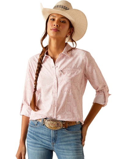 Pink Boa Ariat Womens VentTEK Stretch Long Sleeve Shirt on White background 