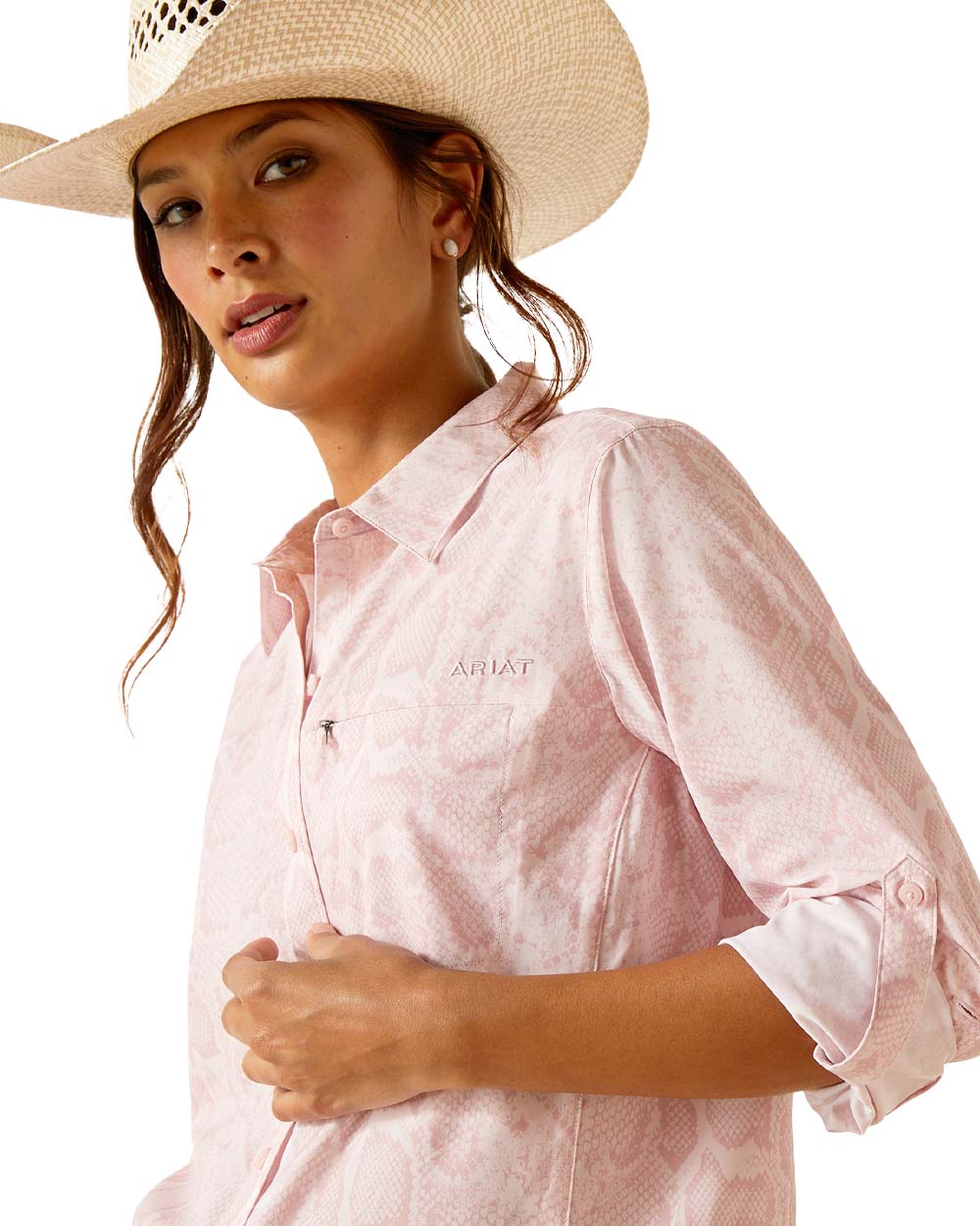 Pink Boa Ariat Womens VentTEK Stretch Long Sleeve Shirt on White background 