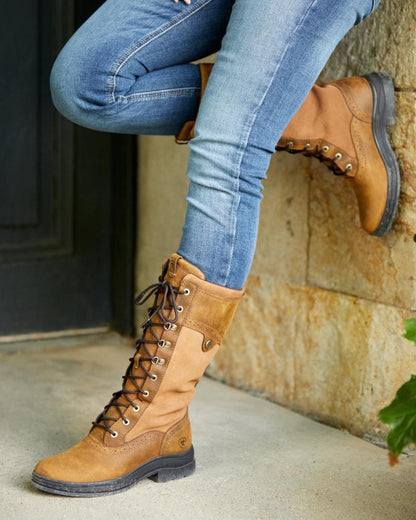 Weathered Brown Coloured Ariat Womens Wythburn II Waterproof Boots On A House Background