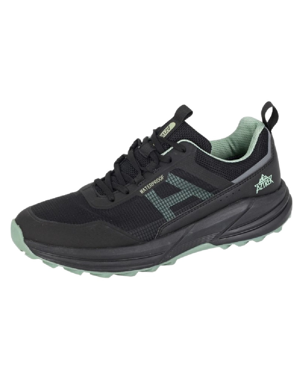 Black Mint Coloured Aztrek Mens Wolds Waterproof Trail Shoes on White Background
