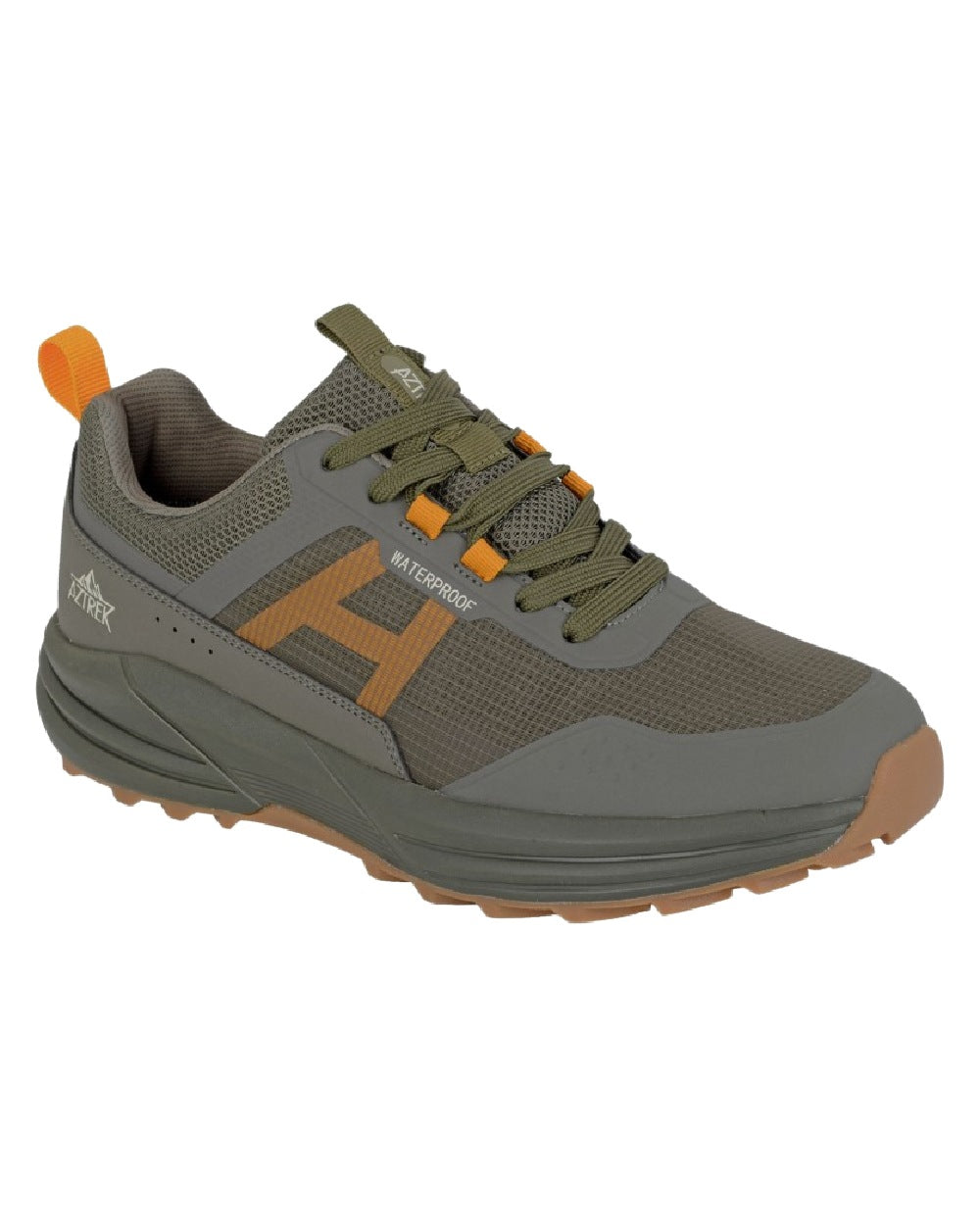 Khaki Grey Coloured Aztrek Mens Wolds Waterproof Trail Shoes on White Background
