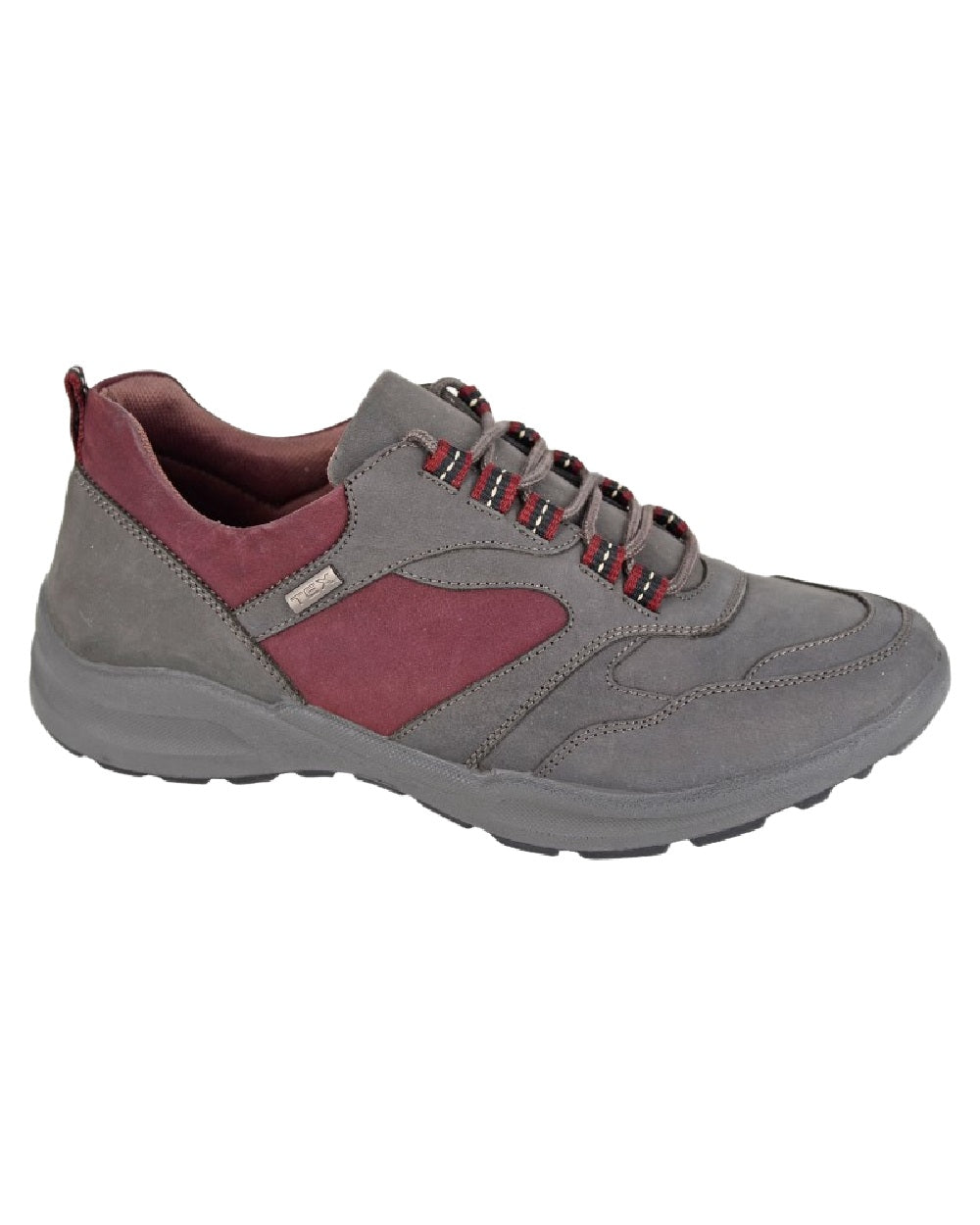 Grey Burgundy Coloured Aztrek Womens Glyndwr Waterproof Trail Shoes on White Background
