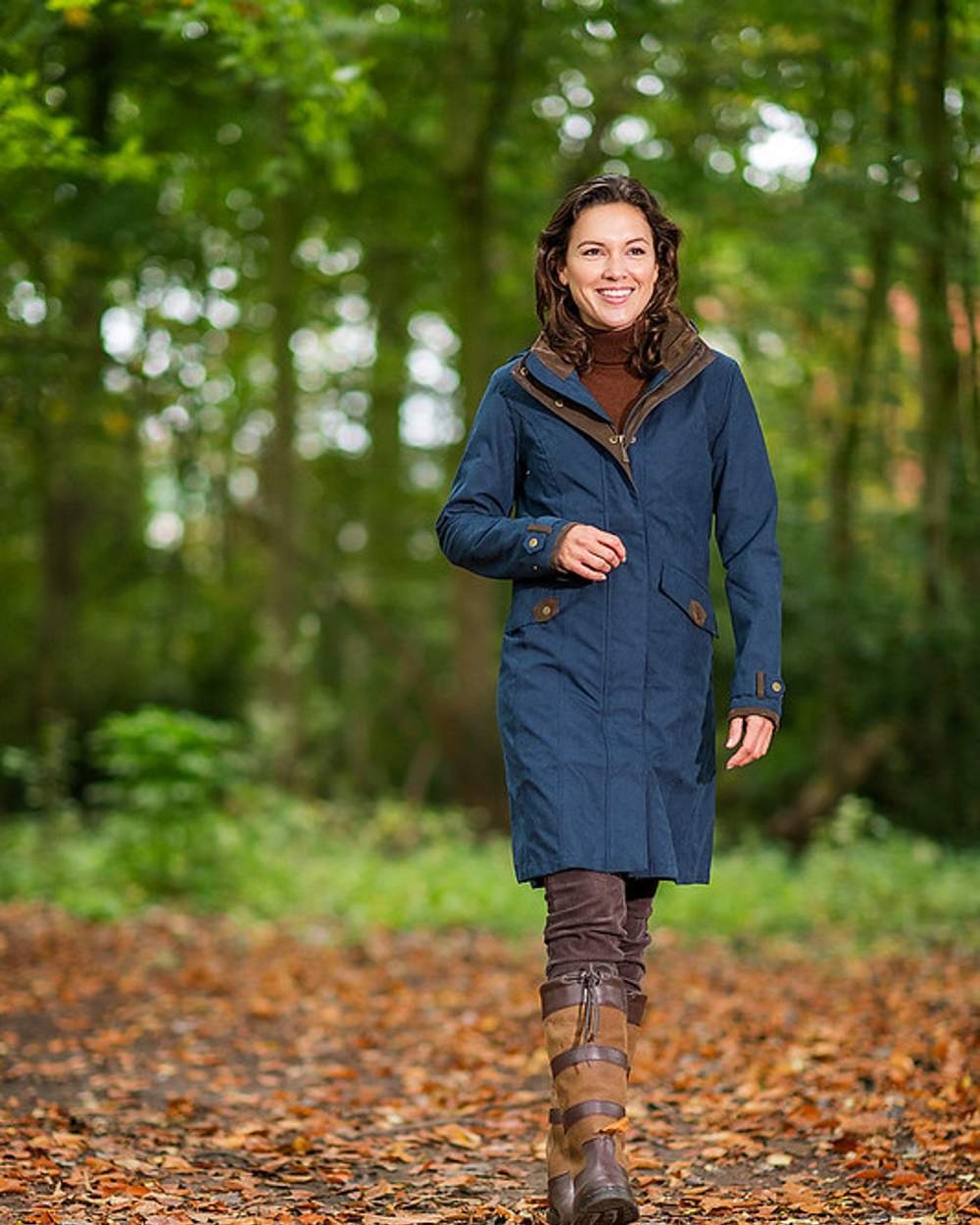 Navy Blue Coloured Baleno Chelsea Mid Length Coat on forest background 
