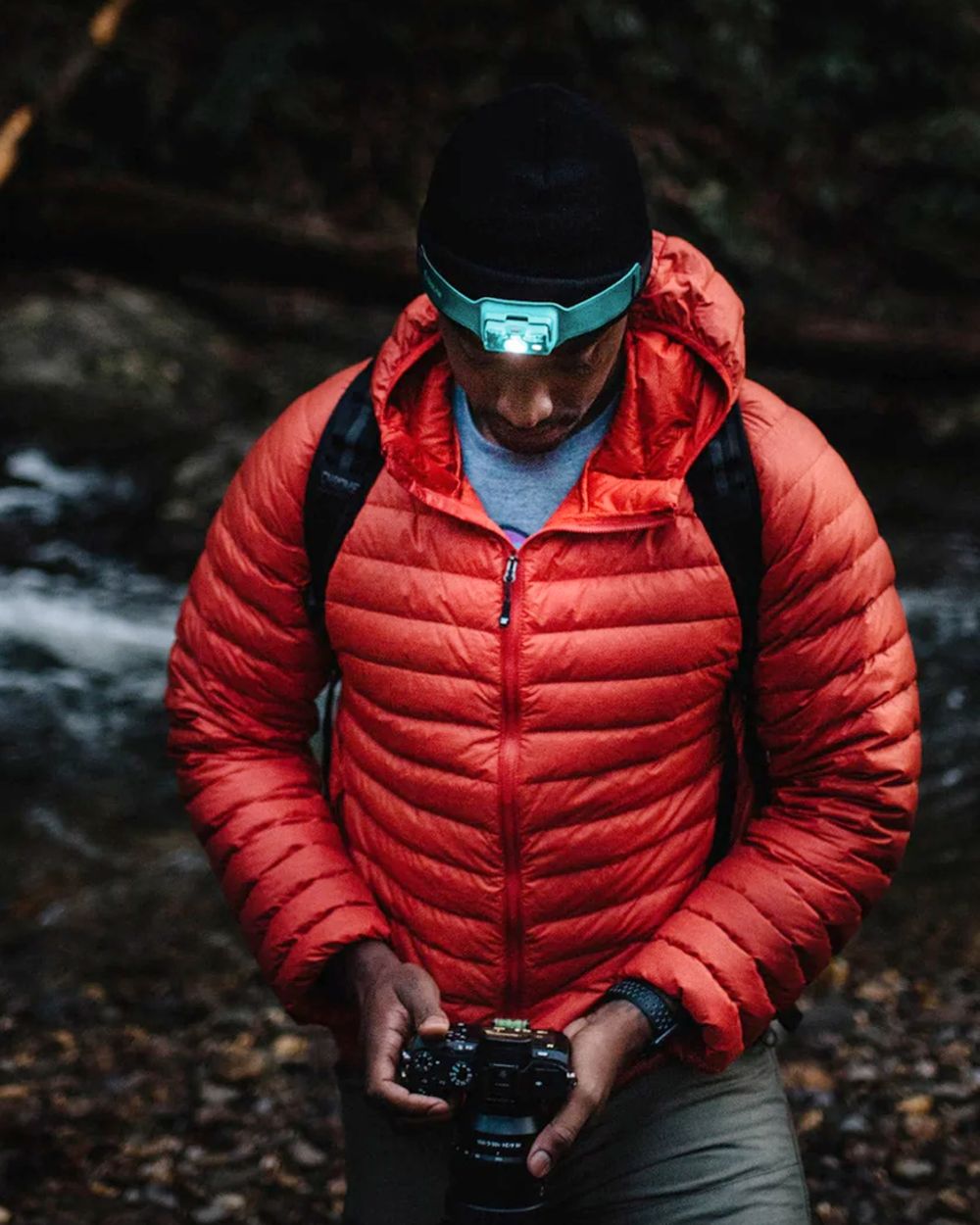 Ocean Teal Coloured BioLite Ultra-lightweight USB Headlamp 325 On A Forest Background 