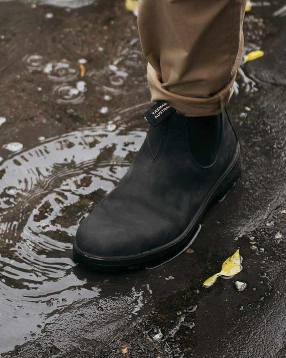 Rustic Black Coloured Blundstone 1478 Rustic Black Leather Chelsea Boots On A Street Background