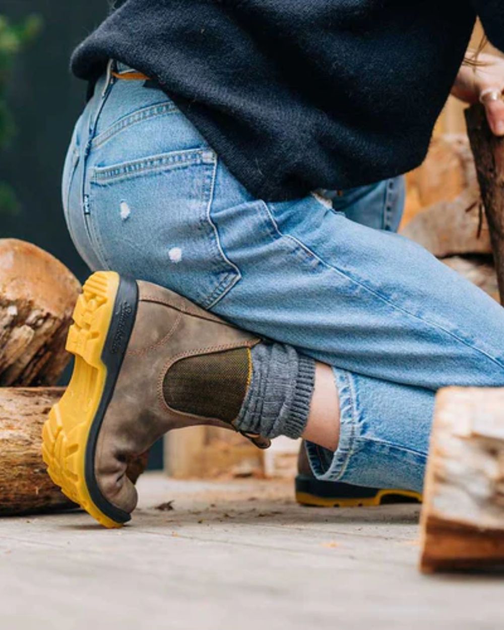 Brown Coloured Blundstone 1944 Brown Leather Chelsea Boots on Outdoor  Background
