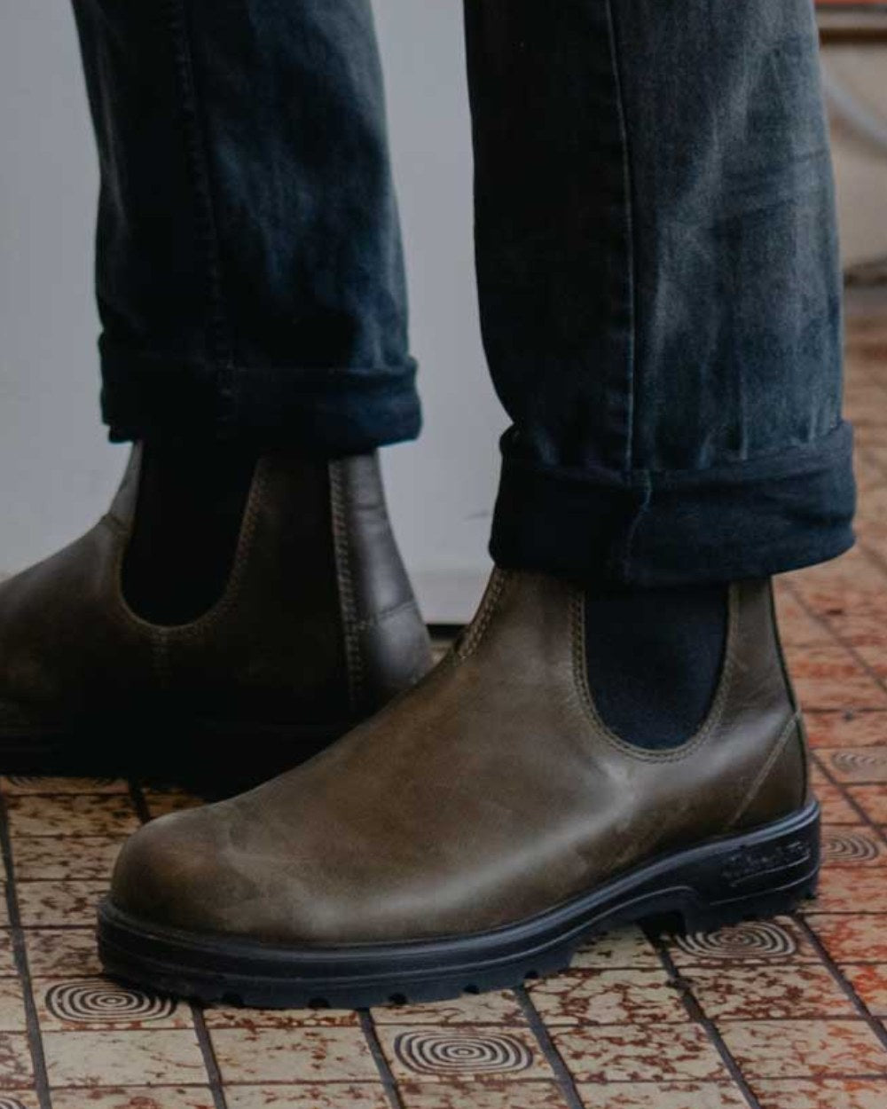 Dark Green Coloured Blundstone 2052 Dark Green Leather Chelsea Boots On A Floor Background 