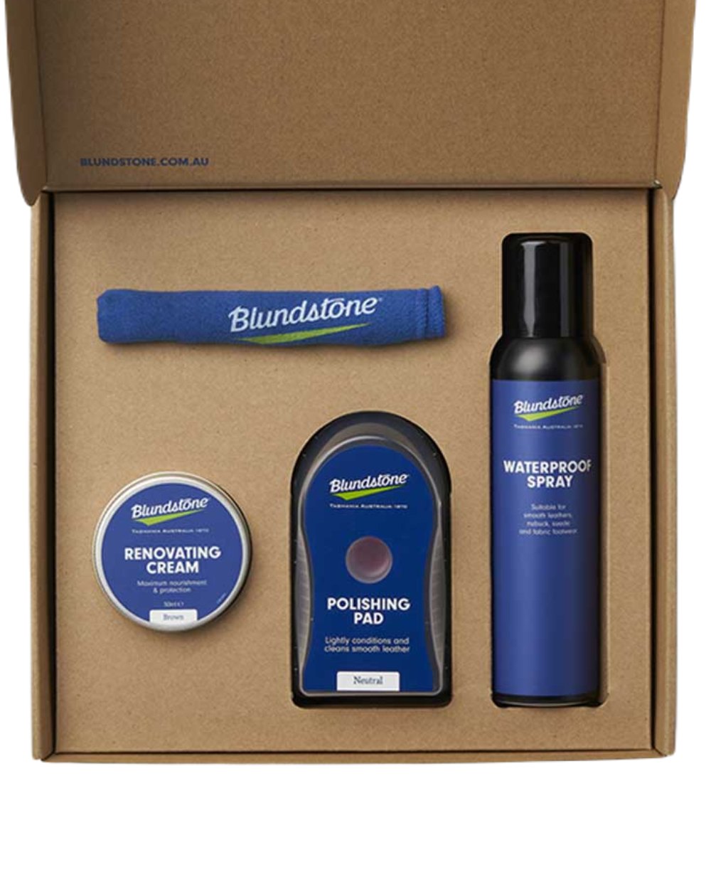 Brown Coloured Blundstone Shoe Care Kit On A White Background 