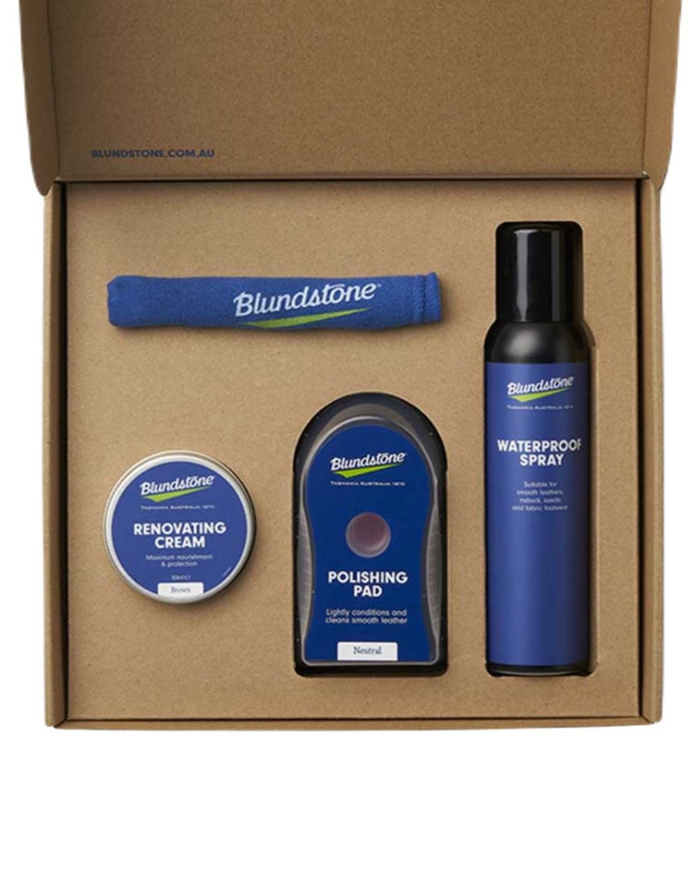 Rustic Coloured Blundstone Shoe Care Kit On A White Background 