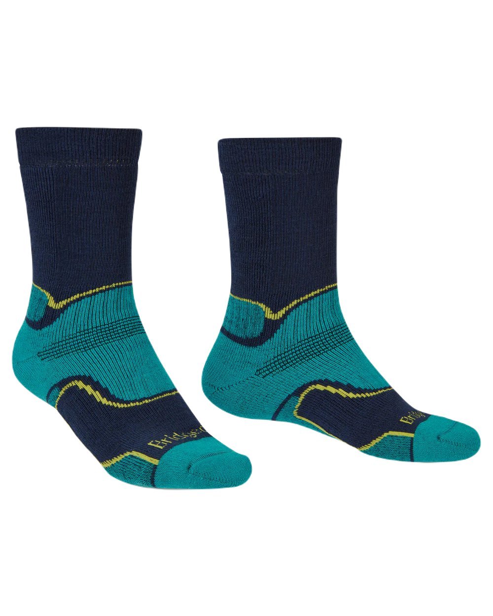Petrol/Navy Coloured Bridgedale Midweight Merino Performance Socks On A White Background 