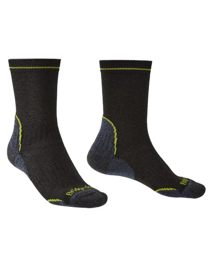 Black/Lime Coloured Bridgedale Mens Lightweight T2 Coolmax Performance Boot Socks On A White Background 