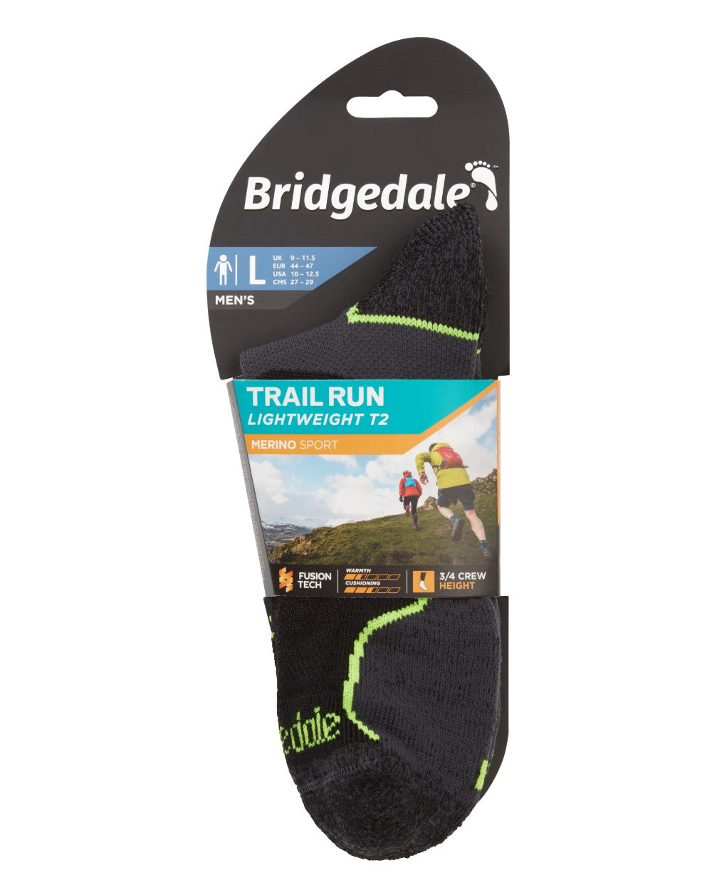 Black Coloured Bridgedale Lightweight T2 Merino Sport 3/4 Crew Socks On A White Background 