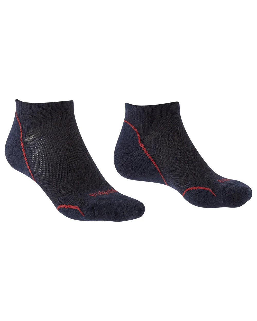 Navy/Red Coloured Bridgedale Mens Ultra Light T2 Merino Performance Low Socks On A White Background 