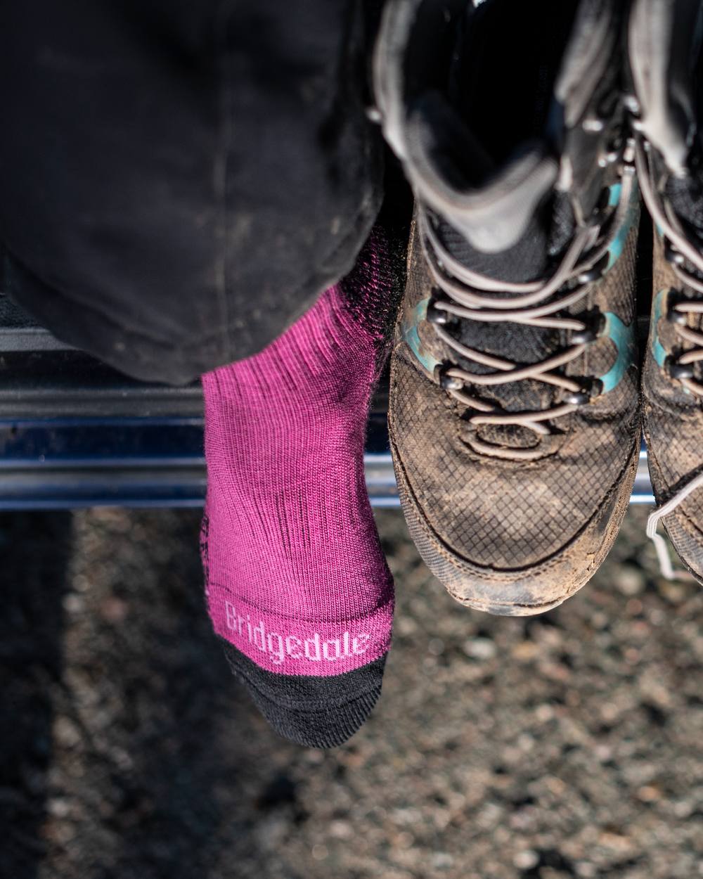Berry Coloured Bridgedale Womens Lightweight Merino Performance Socks on Outdoor Background
