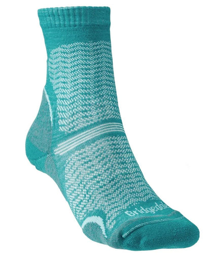 Teal Coloured Bridgedale Womens Ultra Light Merino Performance 3/4 Crew Socks On A White Background 