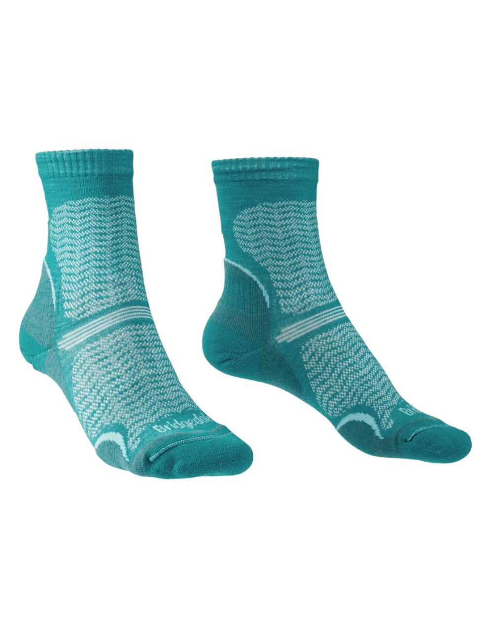 Teal Coloured Bridgedale Womens Ultra Light Merino Performance 3/4 Crew Socks On A White Background 