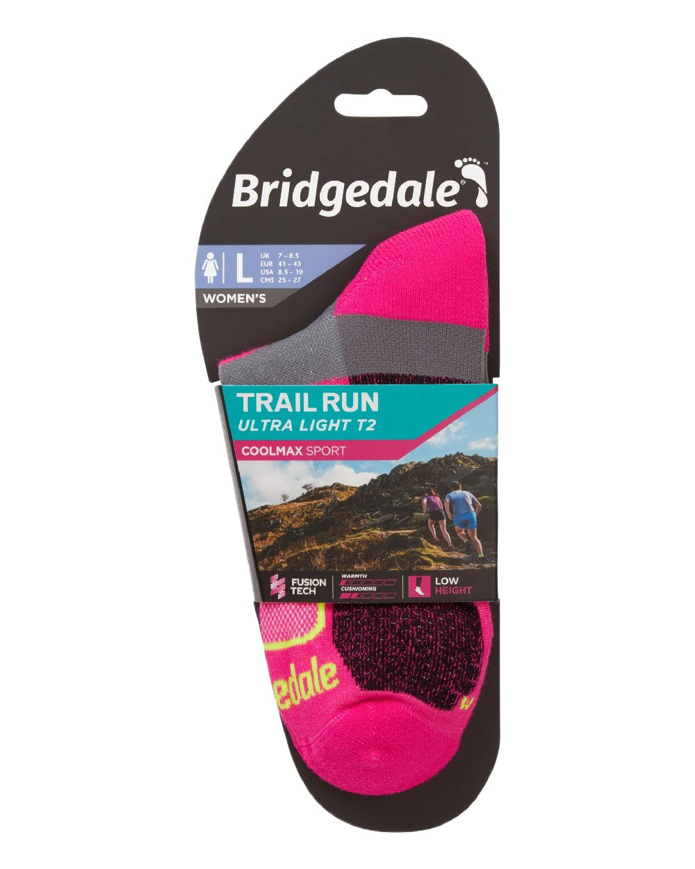 Pink Coloured Bridgedale Womens Ultra Light T2 Coolmax Sport Low on White Background
