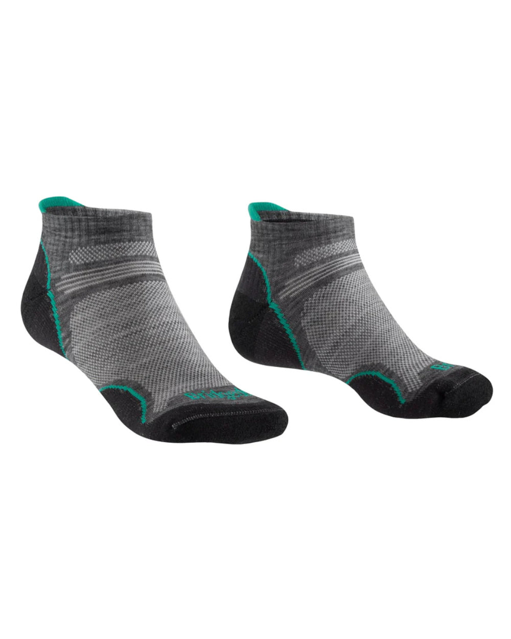 Mid Grey/Surf Coloured Bridgedale Womens Ultra Light T2 Merino Performance Low Socks On A White Background 