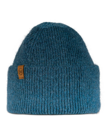 Denim Coloured Buff Knitted Marin Beanie On A White Background 