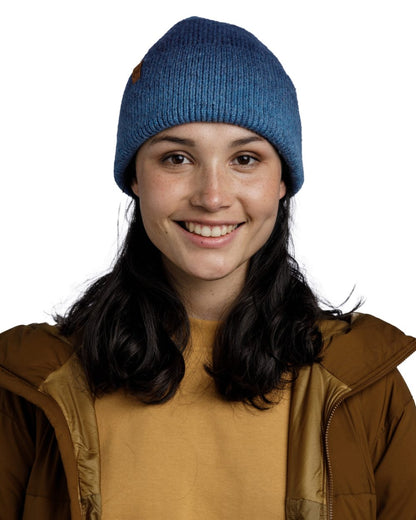 Denim Coloured Buff Knitted Marin Beanie On A White Background 