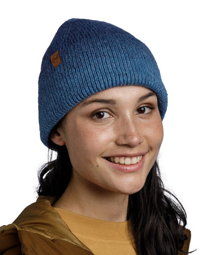 Denim Coloured Buff Knitted Marin Beanie On A White Background 