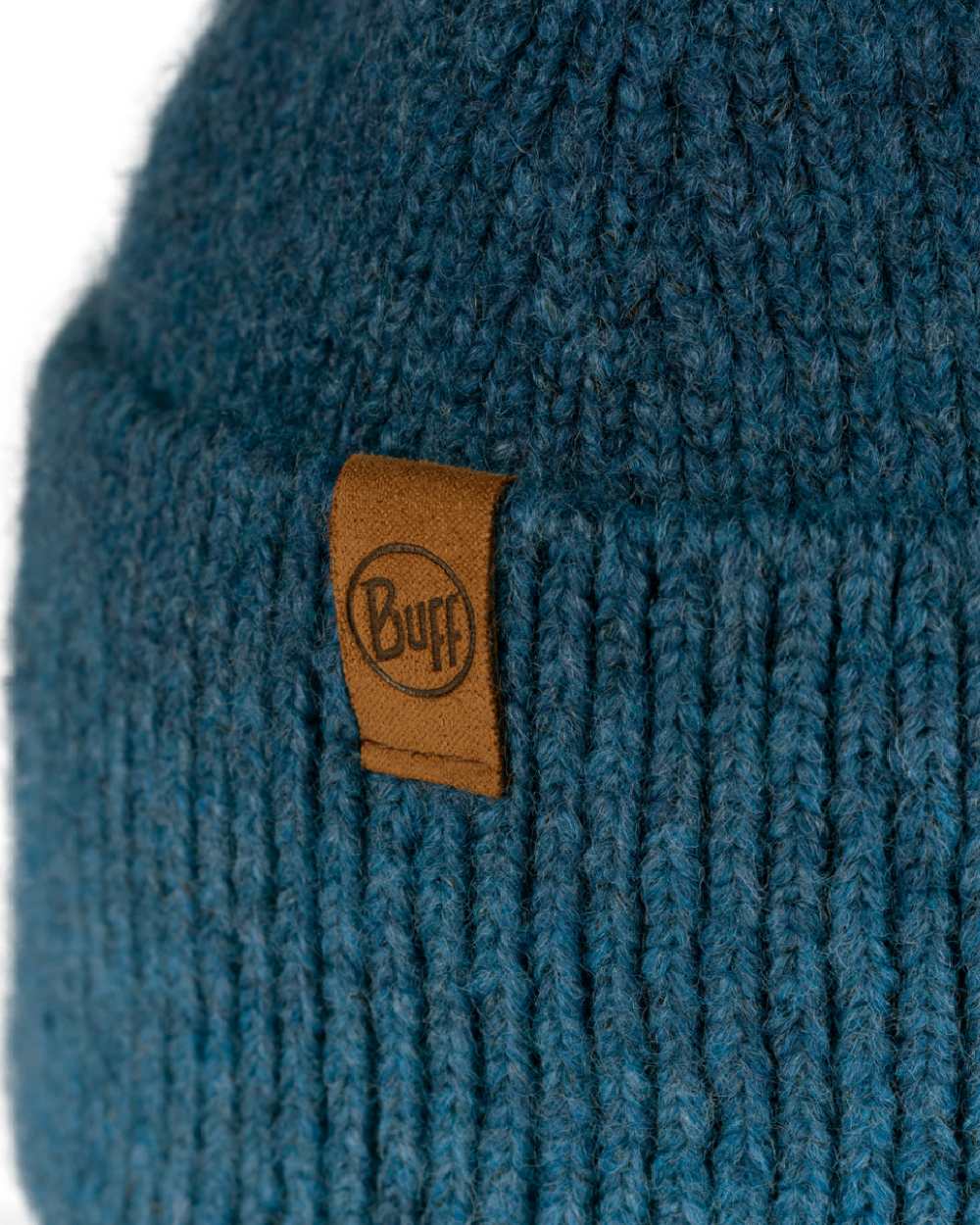 Denim Coloured Buff Knitted Marin Beanie On A White Background 