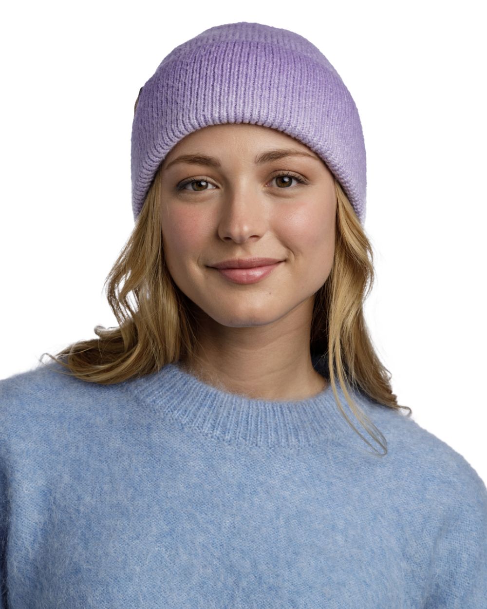 Lavender Coloured Buff Knitted Marin Beanie On A White Background 