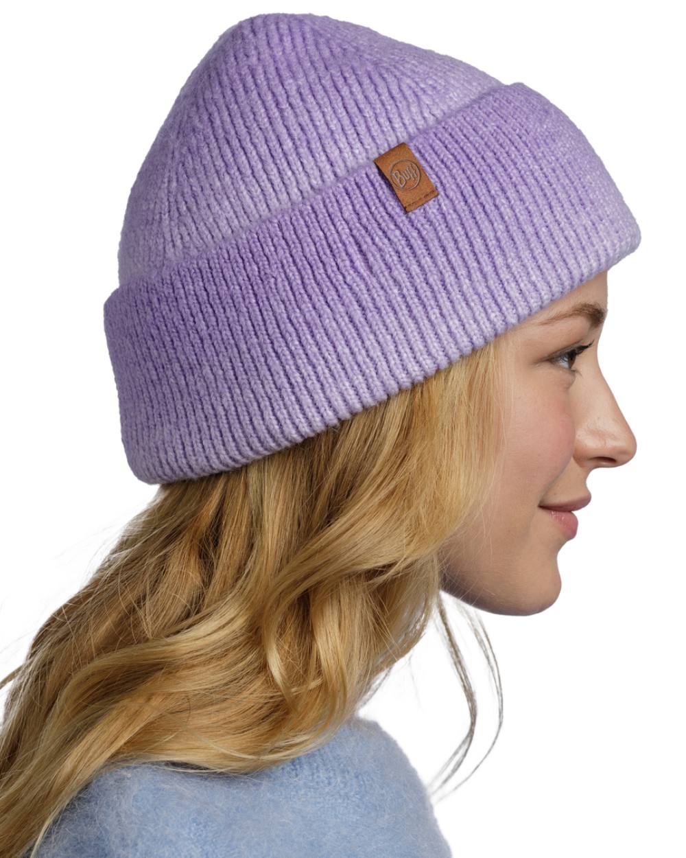 Lavender Coloured Buff Knitted Marin Beanie On A White Background 