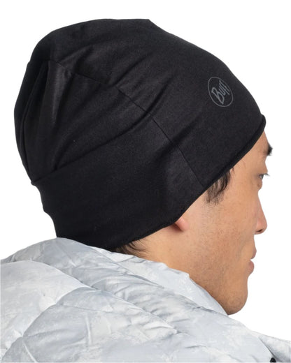 Solid Black Coloured Buff Polar &amp; EcoStretch Beanie On A White Background 