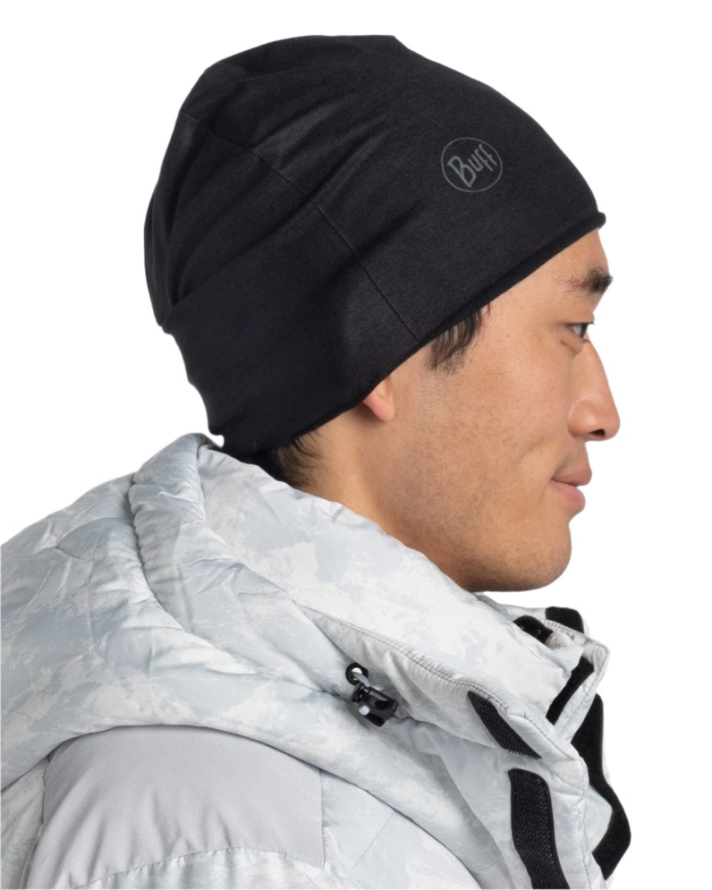 Solid Black Coloured Buff EcoStretch Polar Beanie on white background 