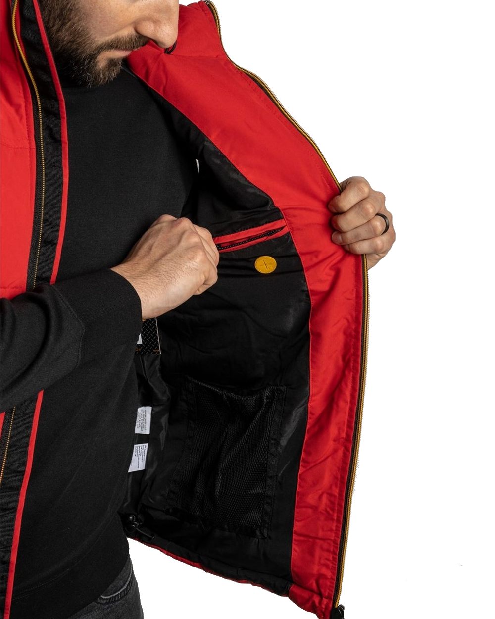 Hot Red Coloured Caterpillar Arctic Zone Vest on White Background
