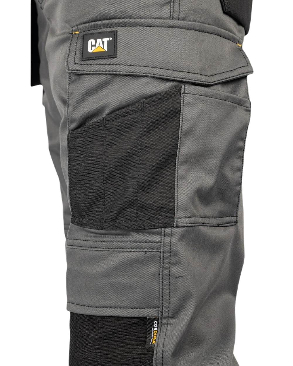 Dark Shadow Coloured Caterpillar Essential Knee Pocket Stretch Holster Trousers on White Background
