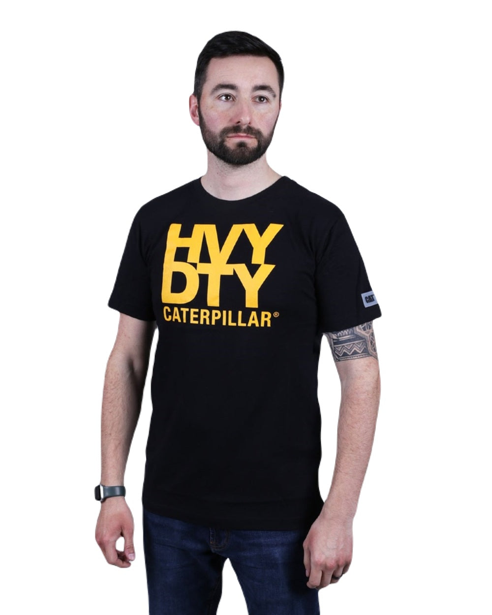Black Coloured Caterpillar Mens Heavy Duty T-Shirt on White Background

