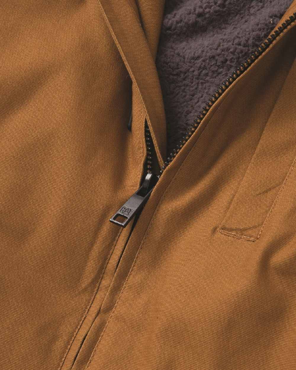 Bronze Coloured Caterpillar Mens Hooded Sherpa Lined Jacket on White Background
