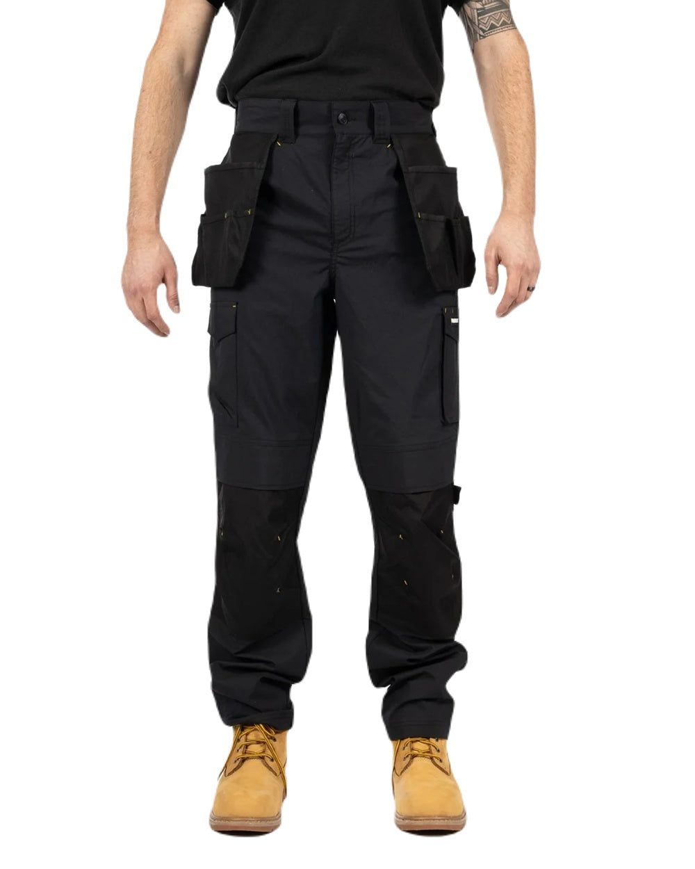 Black Coloured Caterpillar Mens Nexus Holster Stretch Pocket Trousers on White Background

