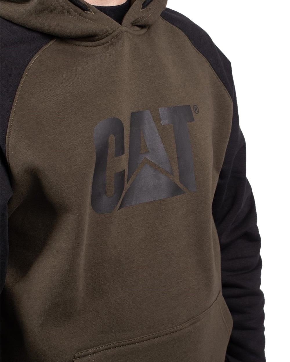 Army Moss Black Coloured Caterpillar Mens Raglan Hooded Sweatshirt on White Background
