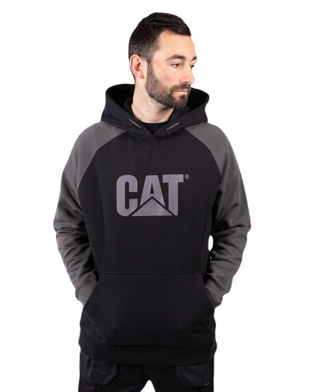 Black Magnet Coloured Caterpillar Mens Raglan Hooded Sweatshirt on White Background
