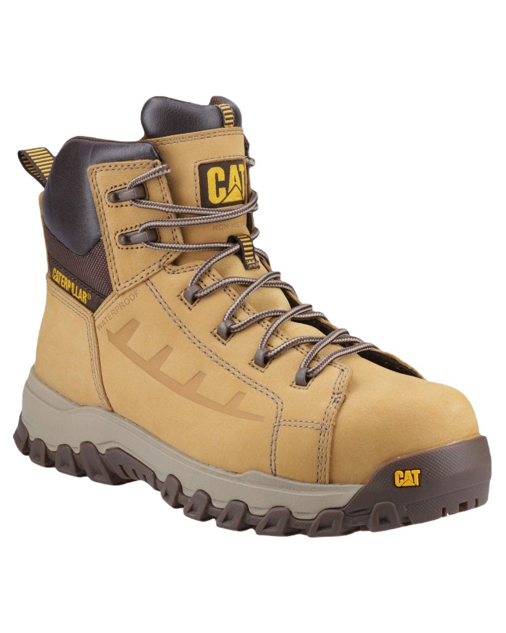 Honey Coloured Caterpillar Threshold Rebound Safety Boots on White Background
