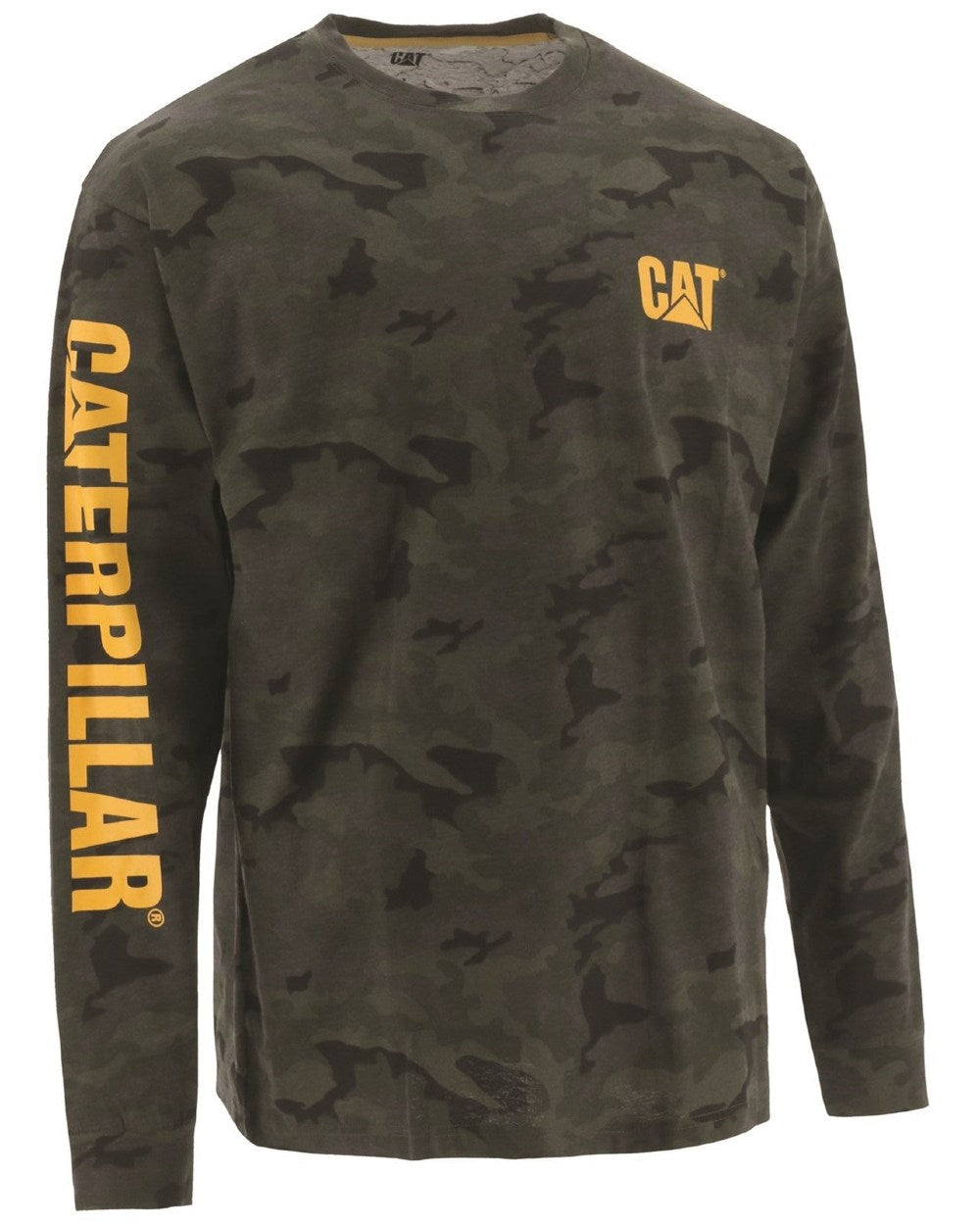 Night Camo Coloured Caterpillar Trademark Banner Long Sleeve Tee On A White Background