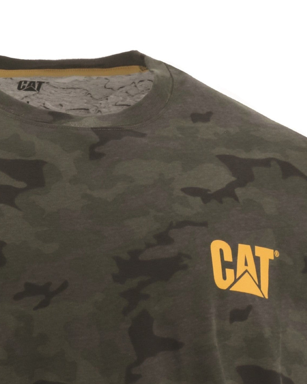 Night Camo Coloured Caterpillar Trademark Banner Long Sleeve Tee On A White Background