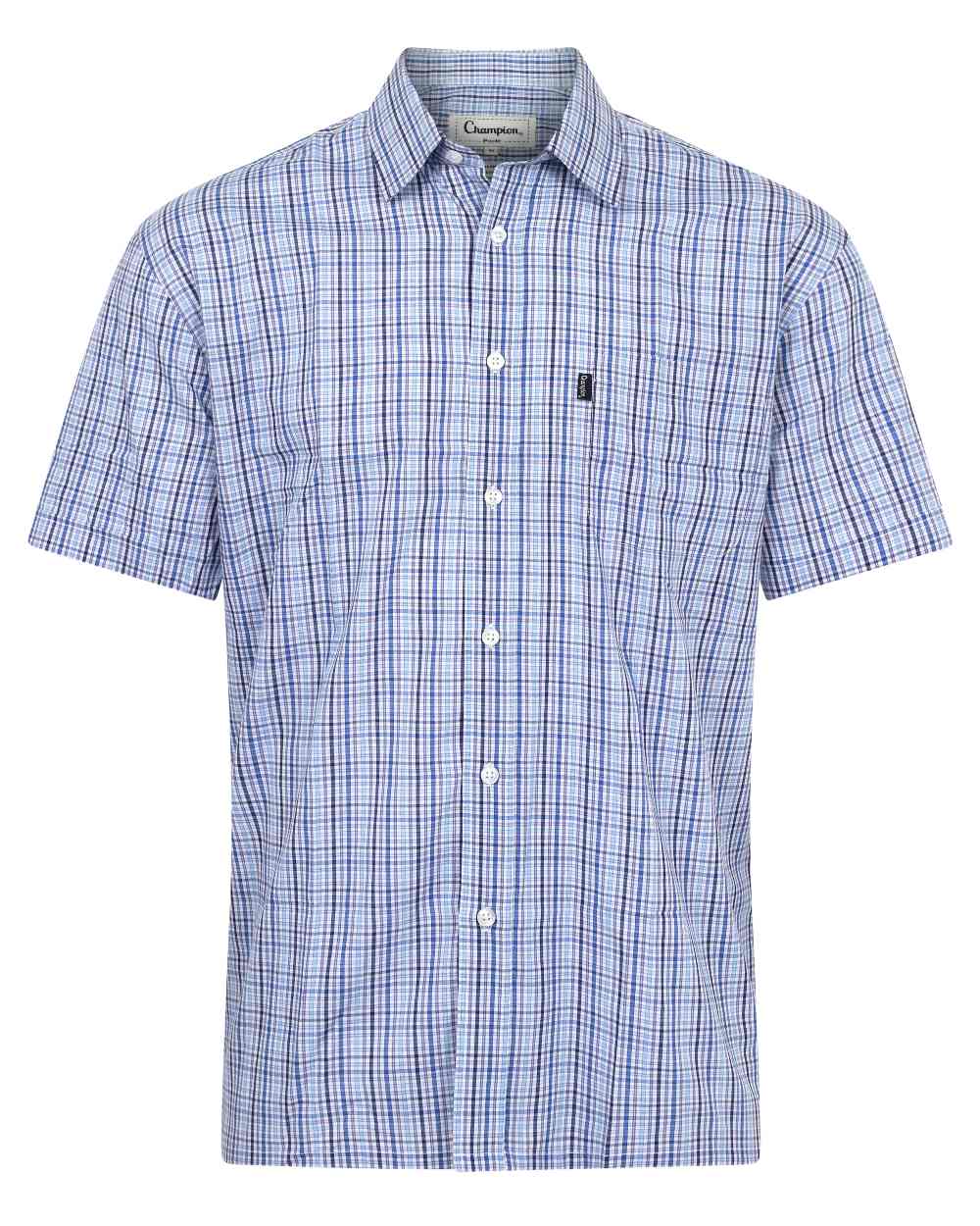 Blue Coloured Champion Poole Short Sleeve Shirt On A White Background 