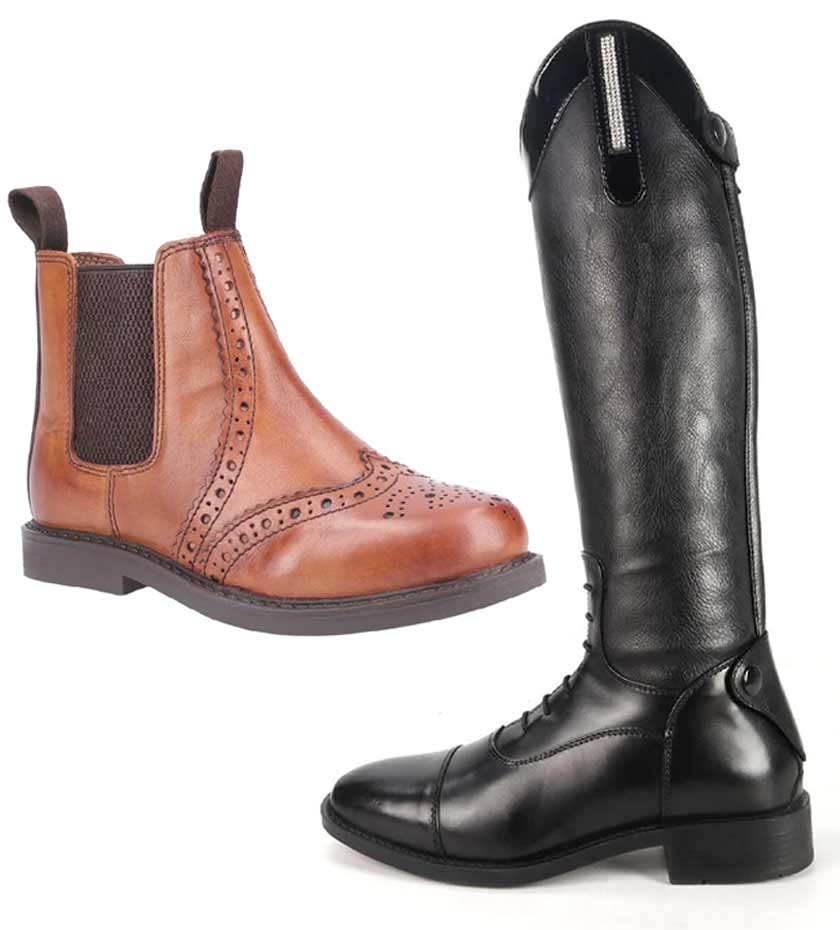 Child's brogue dealer boots in brown and young girl's riding boots in black leather.