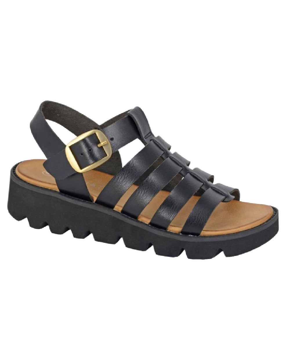 Black Coloured Cipriata Womens Azia T-Bar Halter Back Wedge Sandals on White Background

